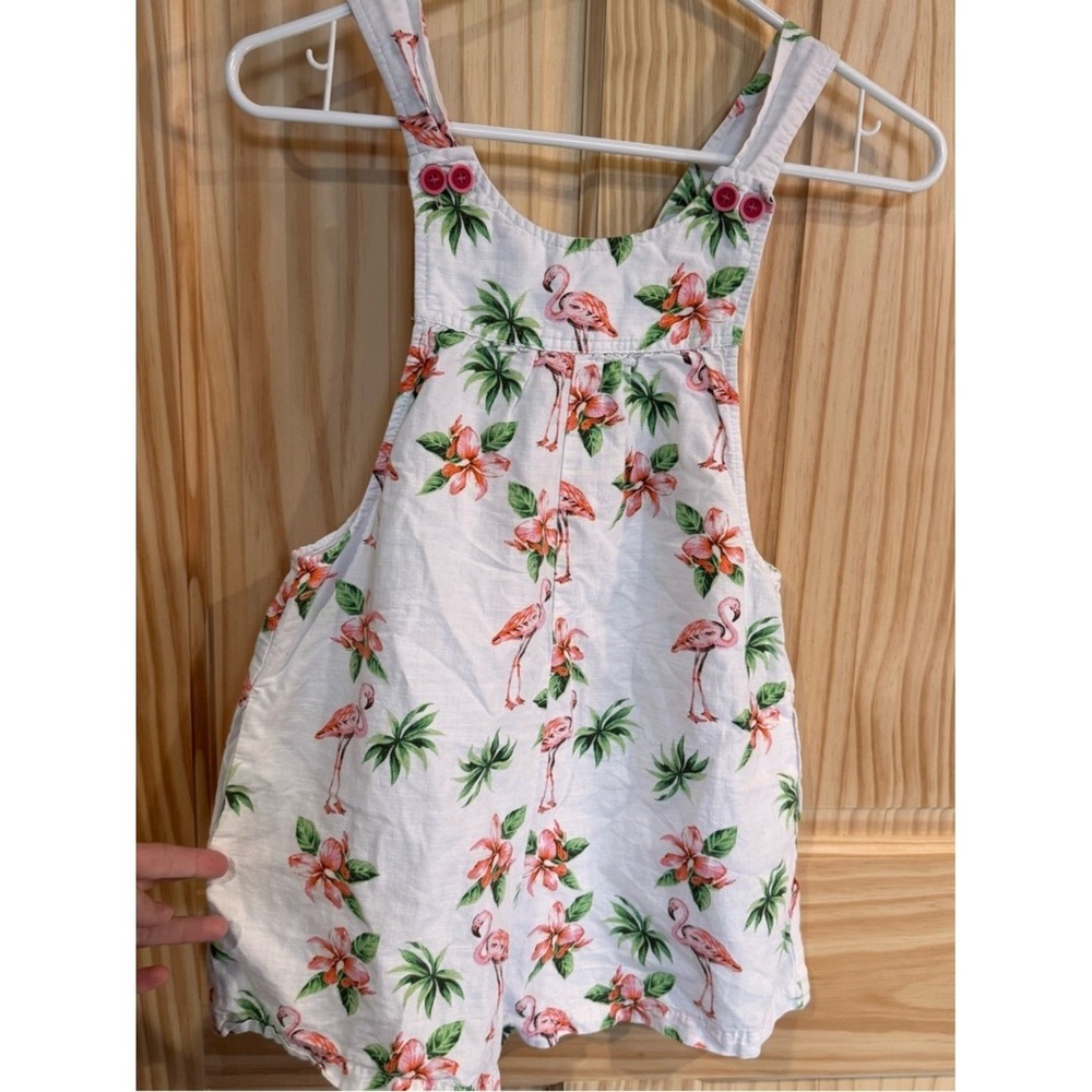 Zara Girls White Flamingo Tropical Floral Ramie Cotton Shortall Overalls‎ 11/12